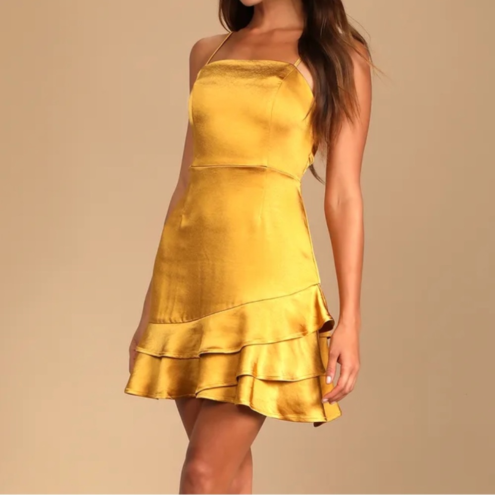 Lulus Dreams Come True Mustard Yellow Gold Satin Ruffled Mini Dress Sz. M